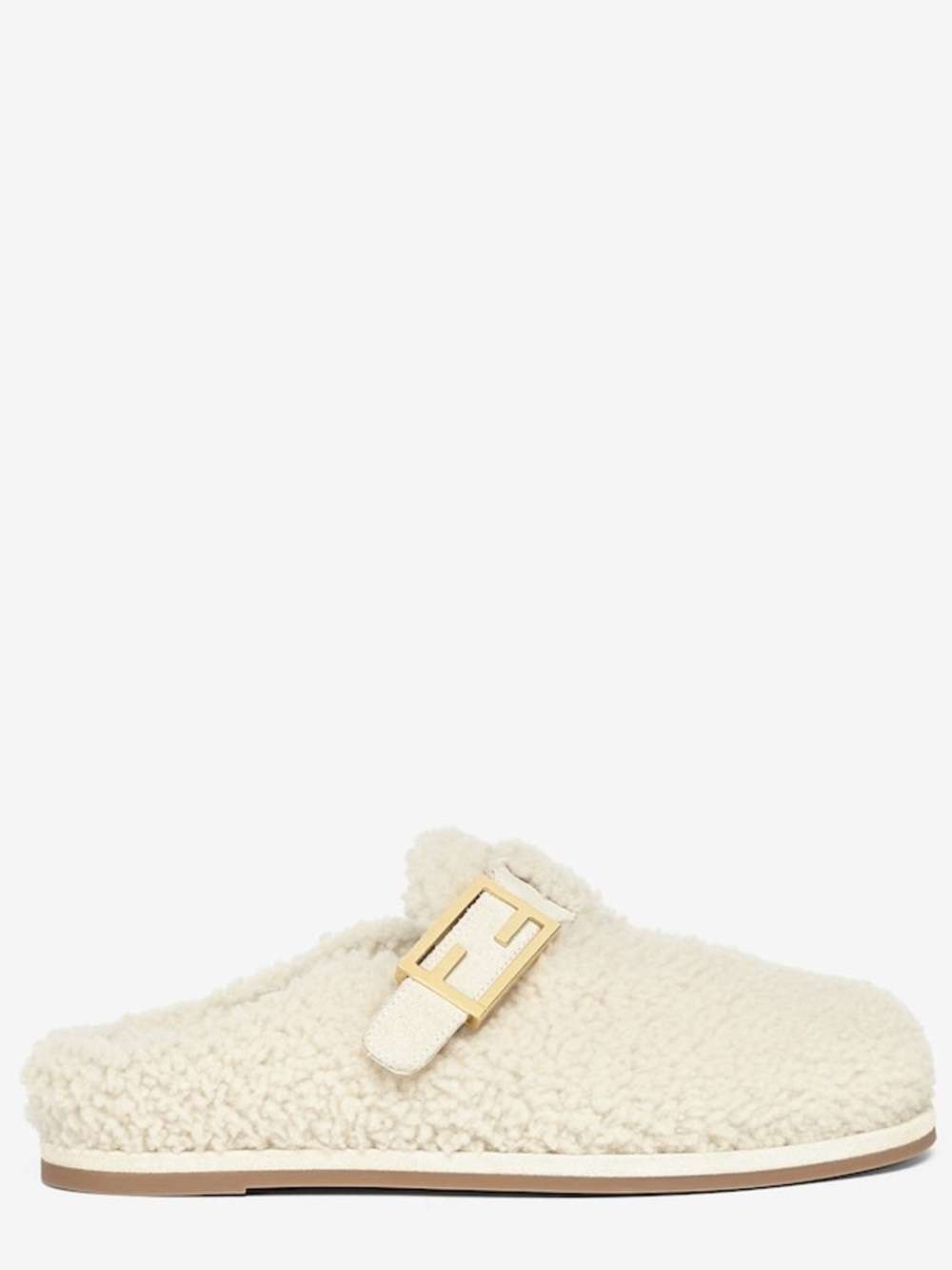 Fendi Cream Shearling Mule Slippers with Gold Buckle
